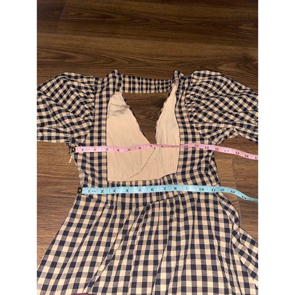 EUC DISSH Elm Chocolate Gingham Midi Dress Puff Sleeve Open Back Cotton Size 4 - Picture 6 of 16